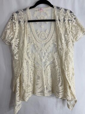 Pixley Ivory Embroidered Lace Open Front Cardigan Cottagecore, Size S